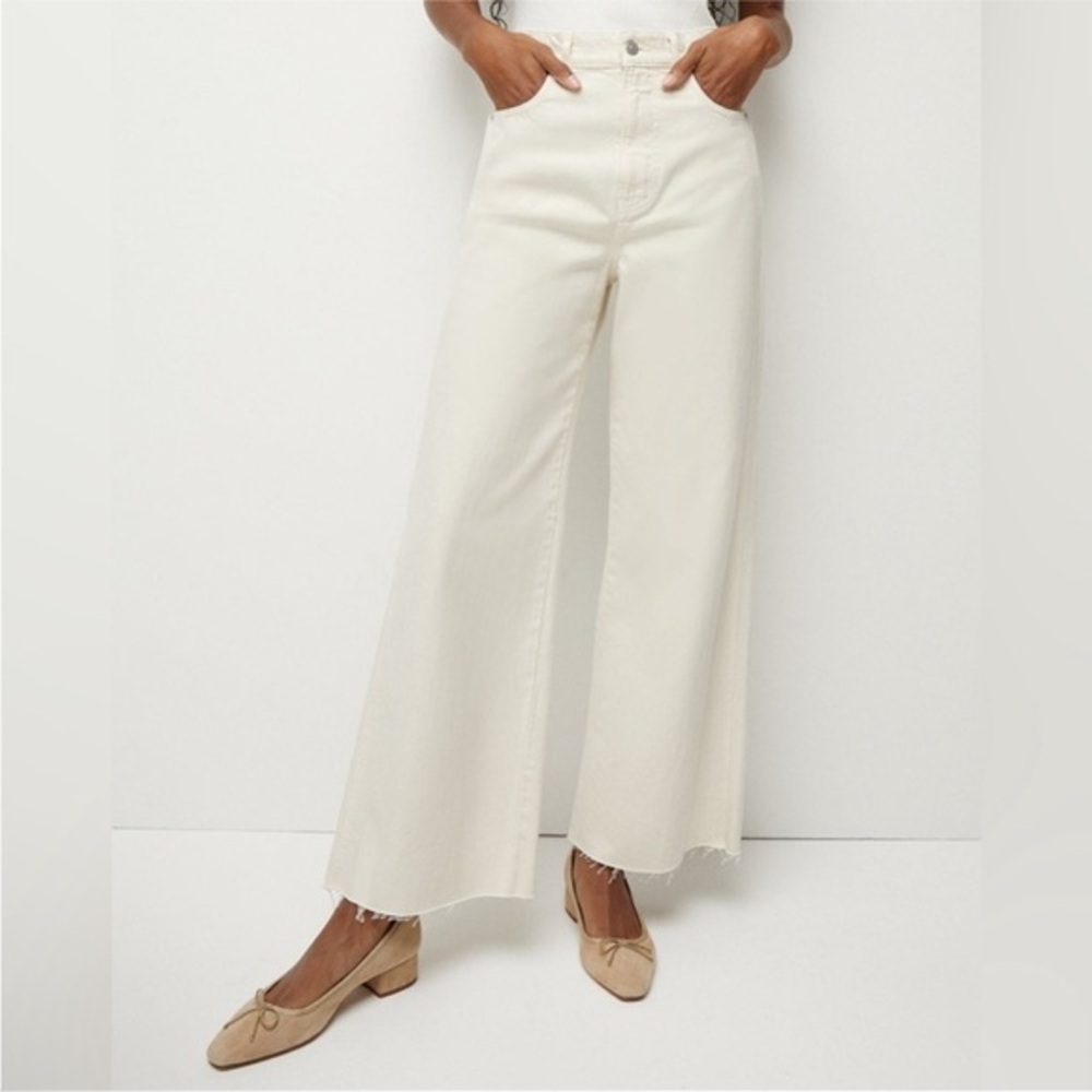 Veronica Beard Taylor Relaxed Wide-Leg Raw Hem Jean Ecru Cream Size 24